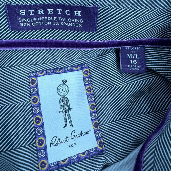 Robert Graham Shirt Mens M/L 16  Gray Stripes Stretch Designer Button Up - Picture 8 of 10